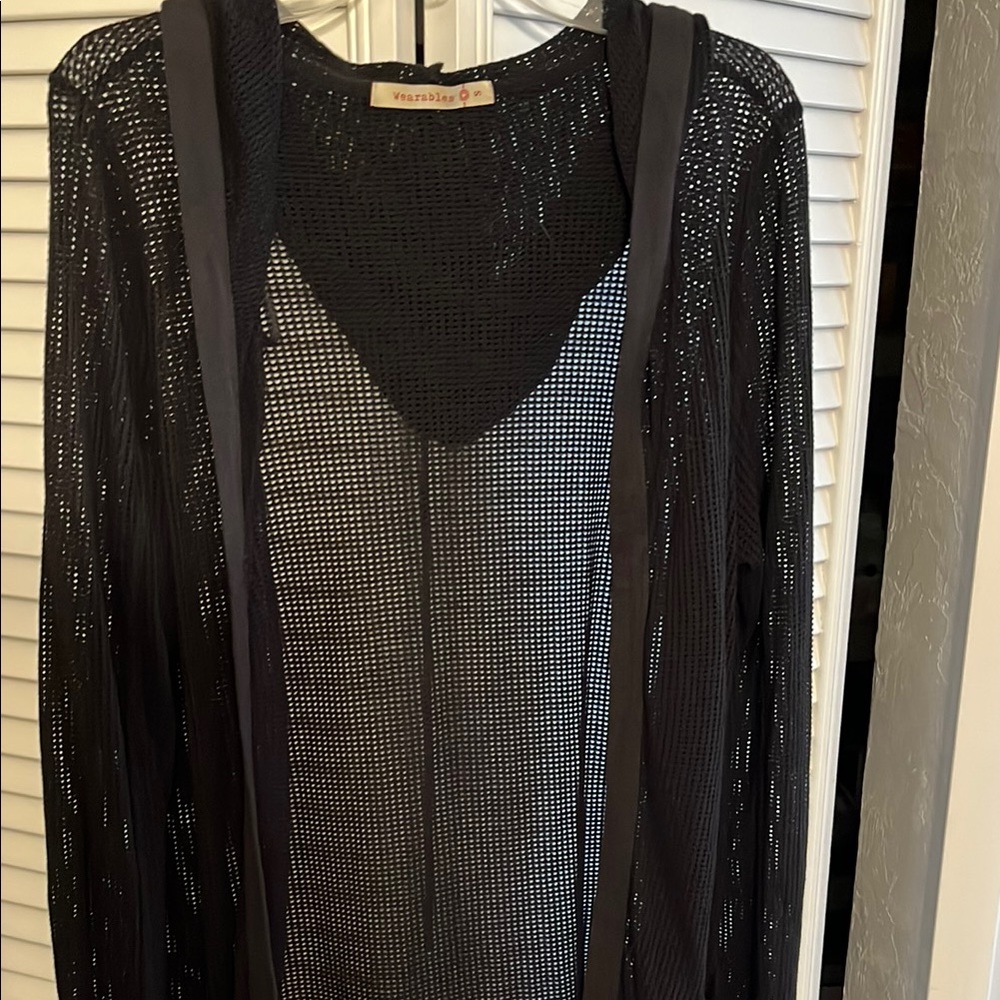 Wearable Black Hooded Mesh Swim Coverup